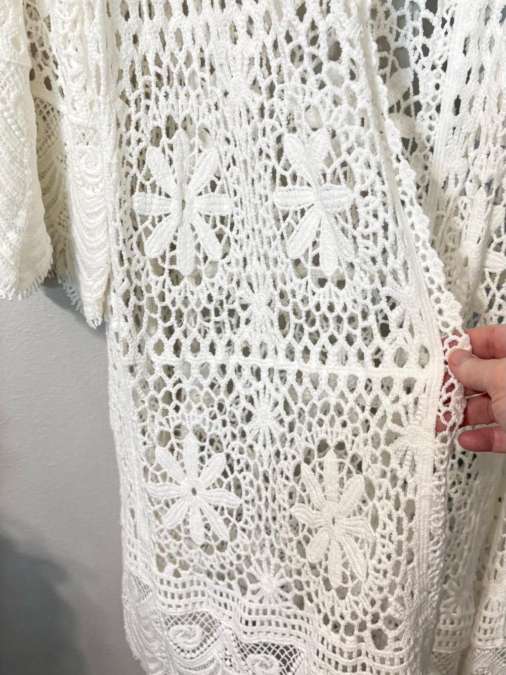 Roaman's Plus Size White Crochet Longline Openwork Cardigan - Picture 10 of 16